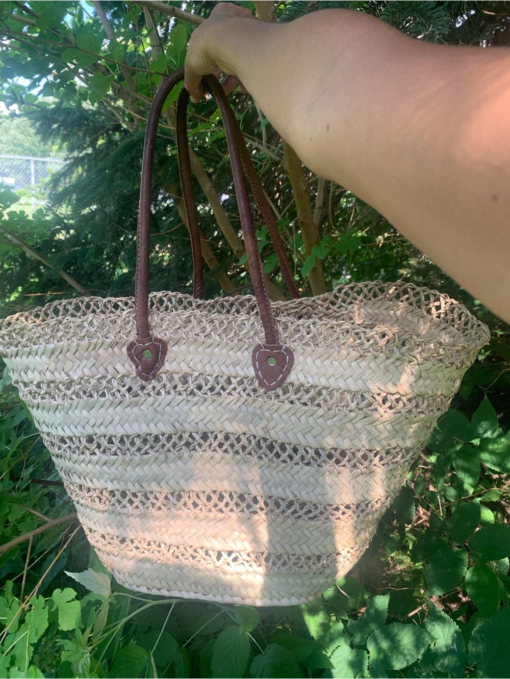 New Handwoven wicker basket with leather handles - beach basket - picnic bag